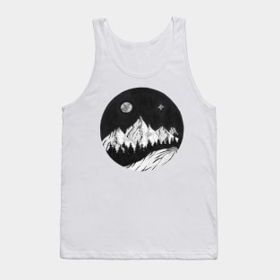 Hand inked draw of forest with mountains under the night sky with full moon and northern light Tank Top